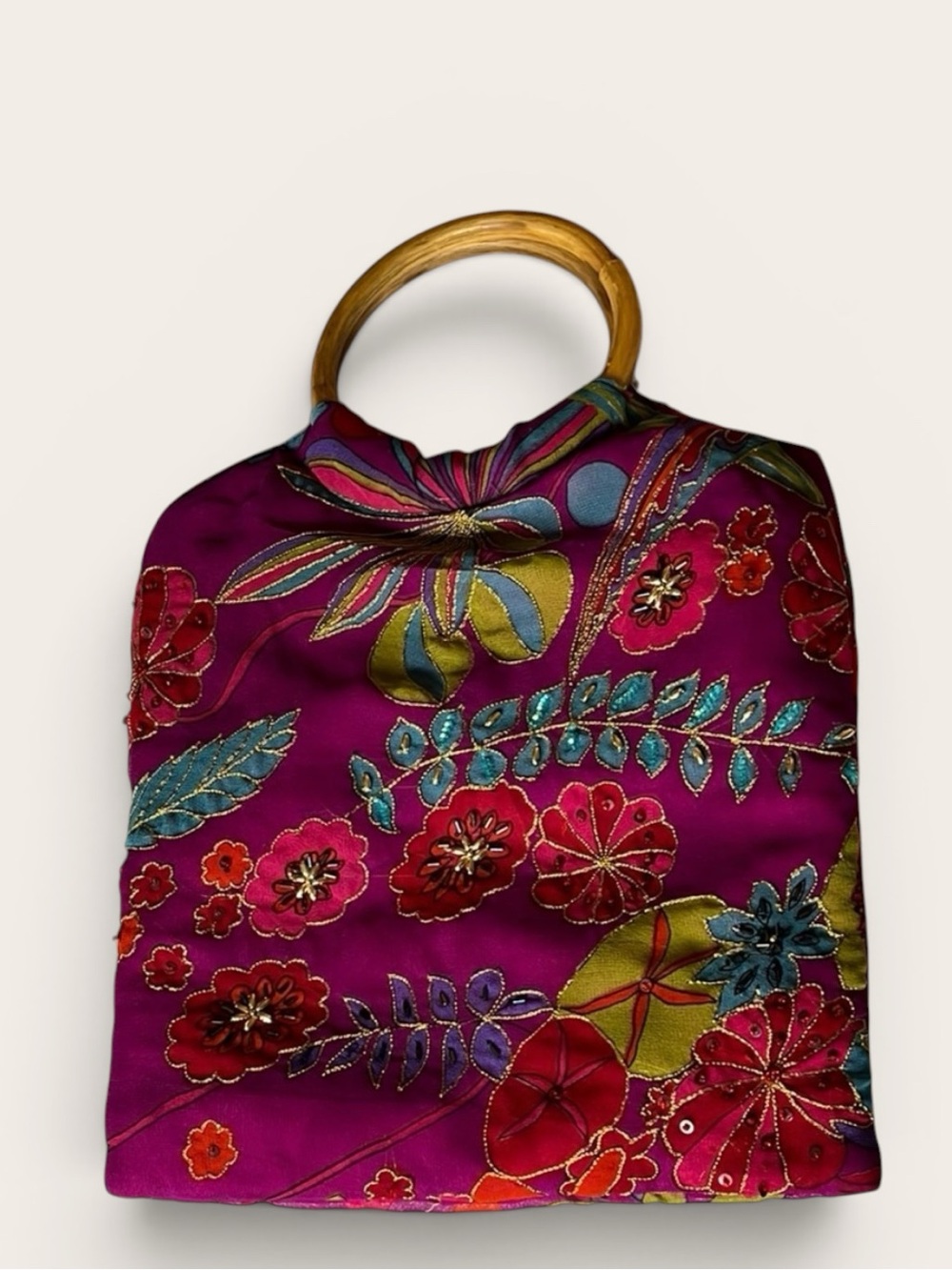 Floral Patterned Women's Bag with Bamboo Handle